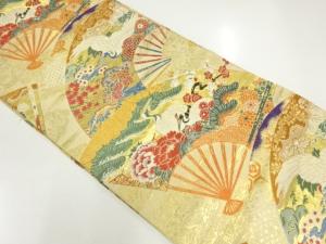 アンティーク　扇面に鶴・草花模様織り出し丸帯(着用可)